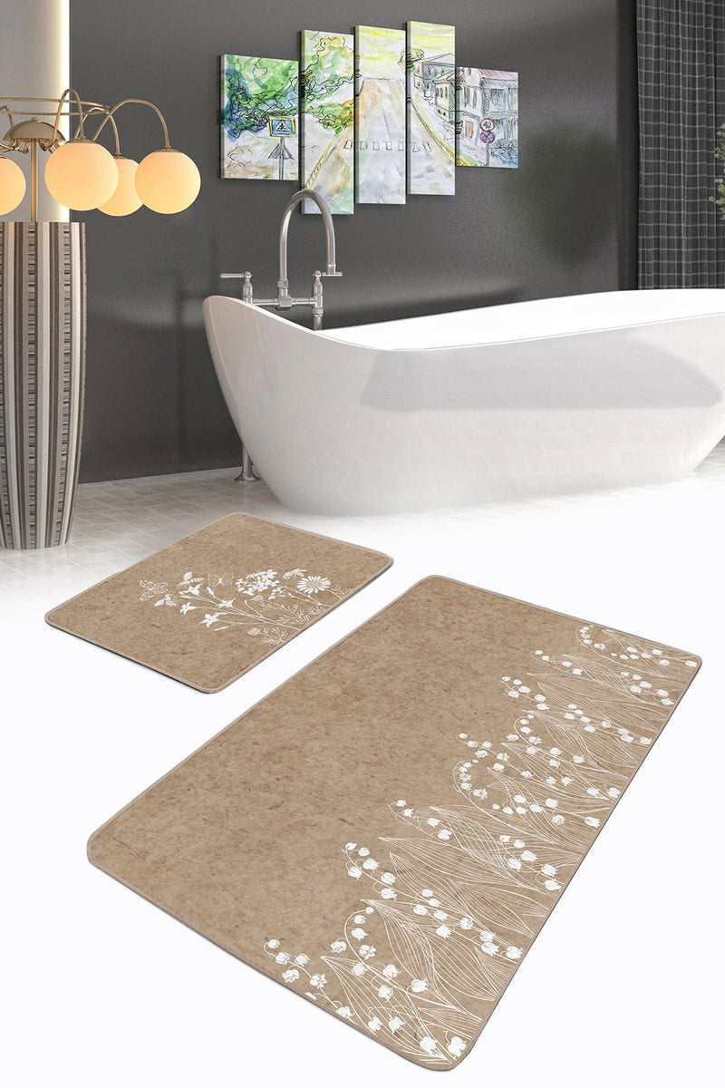 Kahve Zemin Beyaz Çiçek Özel Tasarımlı 2li Banyo Paspas ve Halısı Takımı Kaymaz Taban Yıkanabilir