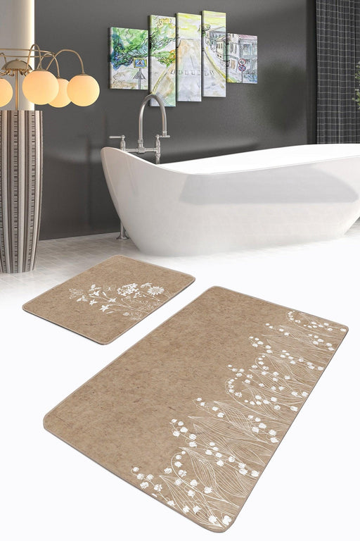 Kahve Zemin Beyaz Çiçek Özel Tasarımlı 2li Banyo Paspas ve Halısı Takımı Kaymaz Taban Yıkanabilir