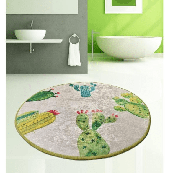 Kaktüs Çap 100cm Dijital Baskılı Banyo Paspas ve Halısı, Kaymaz Taban, Yıkanabilir Bonvagon
