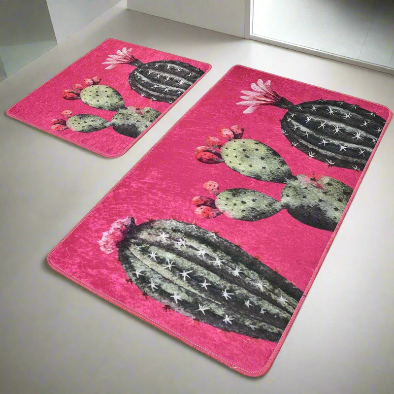 Kaktüsler Dijital Baskılı 2li Set Banyo Halısı, Kaymaz Taban, Yıkanabilir Bonvagon