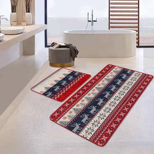 Kanaviçe Tasarımlı Yılbaşı Temalı Dijital Baskılı 2li Halı Takımı Kaymaz Taban Yıkanabilir Bonvagon