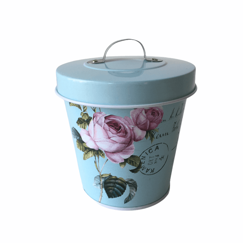 Kapaklı Güllü Metal Mini Kova Mavi Bonvagon