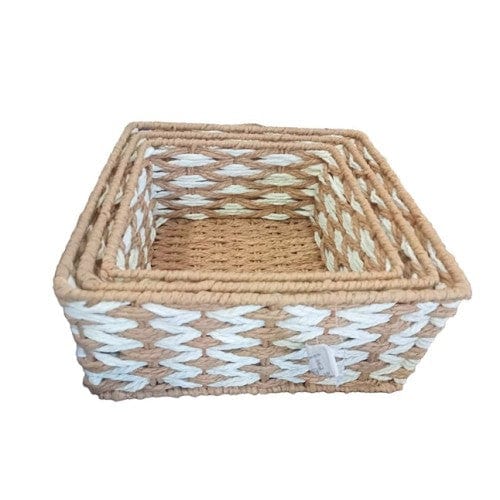 Kare Örgü Desenli Doğal Hasır Sepet Seti - 3'lü Bonvagon