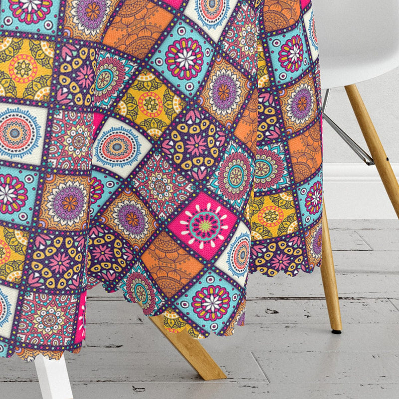 Kareli Etnik Desenli Özel Tasarım Leke Tutmaz Yuvarlak Masa Örtüsü Bonvagon