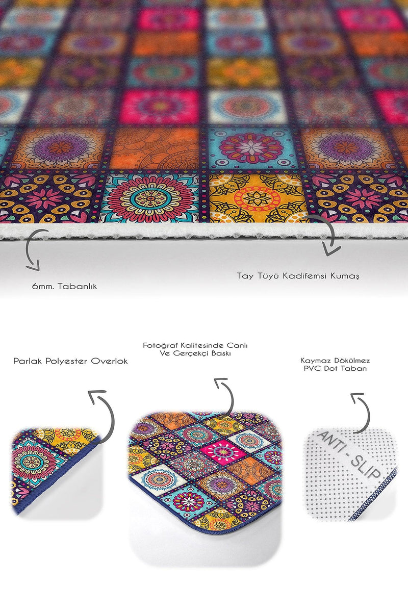 Kareli Etnik Motifli Özel Tasarımlı 2li Banyo Halısı Takımı Kaymaz Taban Yıkanabilir Bonvagon