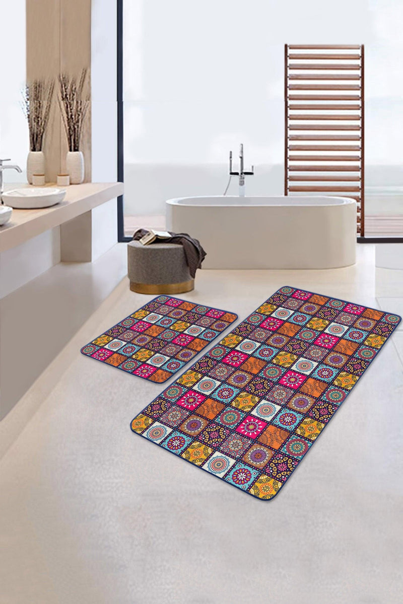 Kareli Etnik Motifli Özel Tasarımlı 2li Banyo Paspas ve Halısı Takımı Kaymaz Taban Yıkanabilir