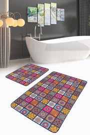 Kareli Etnik Motifli Özel Tasarımlı 2li Banyo Paspas ve Halısı Takımı Kaymaz Taban Yıkanabilir