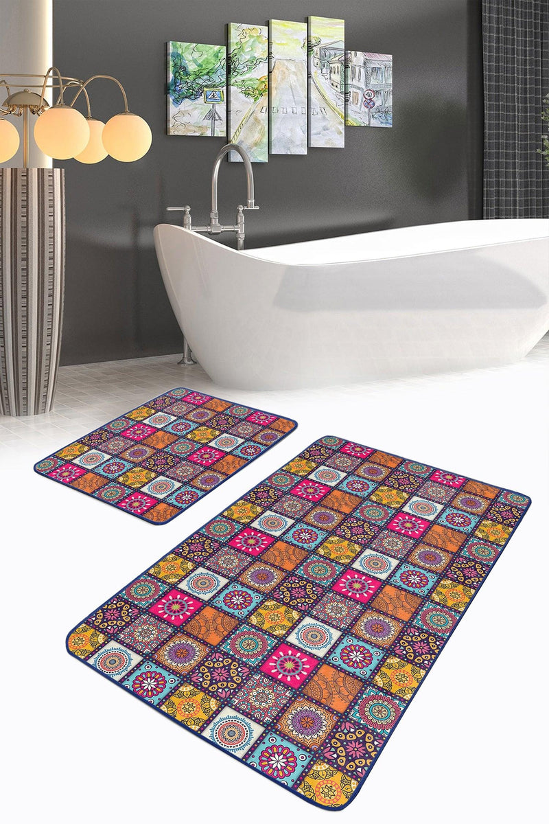 Kareli Etnik Motifli Özel Tasarımlı 2li Banyo Paspas ve Halısı Takımı Kaymaz Taban Yıkanabilir