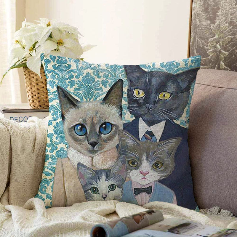 Kedi Ailesi Desenli Raşel Kadife Yastık Kırlent Kılıfı Bonvagon