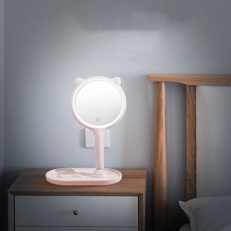 Kedi Kulaklı Telefon Standlı Yuvarlak Dokunmatik Led Ayarlı Masa Üstü Makyaj Aynası Bonvagon