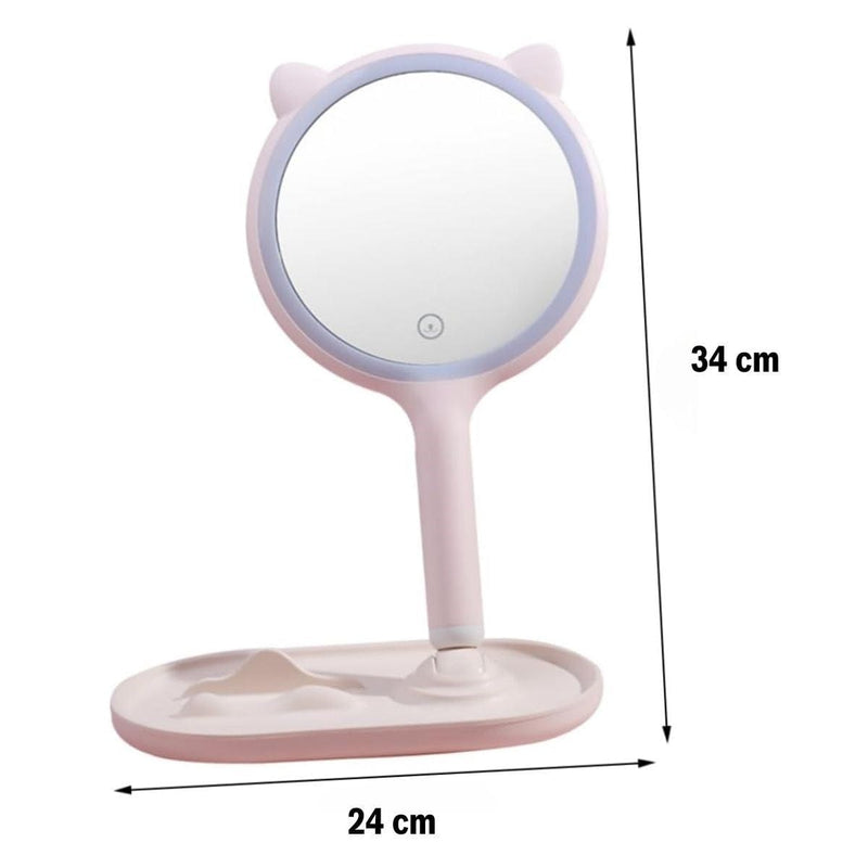 Kedi Kulaklı Telefon Standlı Yuvarlak Dokunmatik Led Ayarlı Masa Üstü Makyaj Aynası Bonvagon