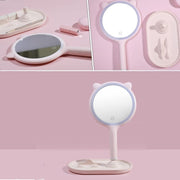 Kedi Kulaklı Telefon Standlı Yuvarlak Dokunmatik Led Ayarlı Masa Üstü Makyaj Aynası Bonvagon