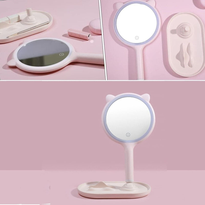 Kedi Kulaklı Telefon Standlı Yuvarlak Dokunmatik Led Ayarlı Masa Üstü Makyaj Aynası Bonvagon