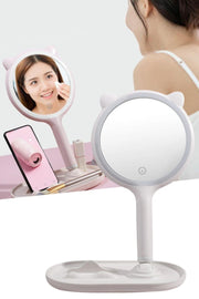 Kedi Kulaklı Telefon Standlı Yuvarlak Dokunmatik Led Ayarlı Masa Üstü Makyaj Aynası Bonvagon