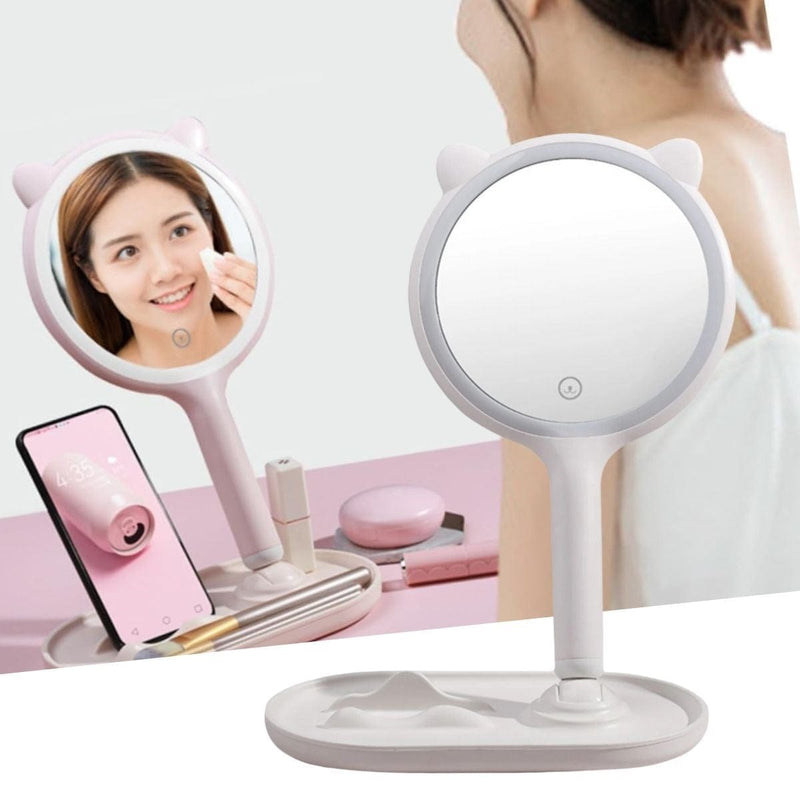 Kedi Kulaklı Telefon Standlı Yuvarlak Dokunmatik Led Ayarlı Masa Üstü Makyaj Aynası Bonvagon