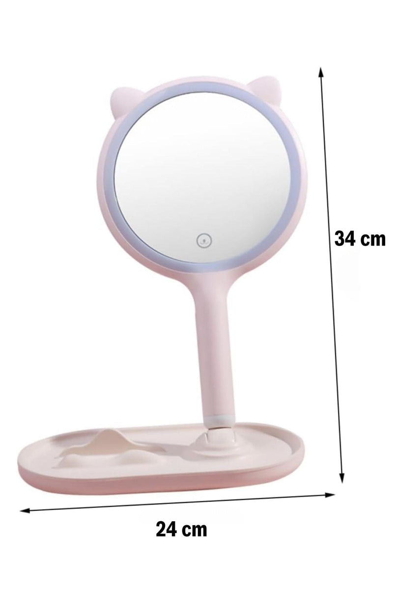 Kedi Kulaklı Telefon Standlı Yuvarlak Dokunmatik Led Ayarlı Masa Üstü Makyaj Aynası Bonvagon