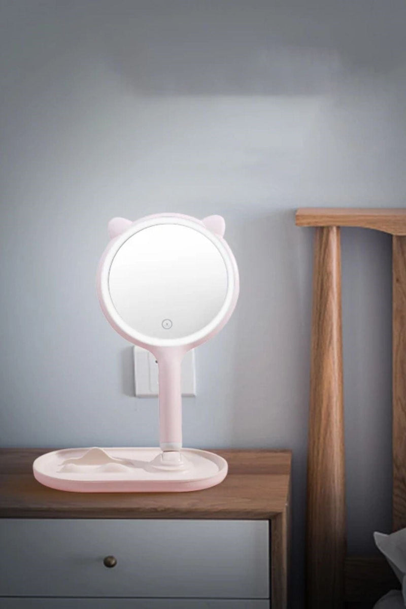 Kedi Kulaklı Telefon Standlı Yuvarlak Dokunmatik Led Ayarlı Masa Üstü Makyaj Aynası Bonvagon