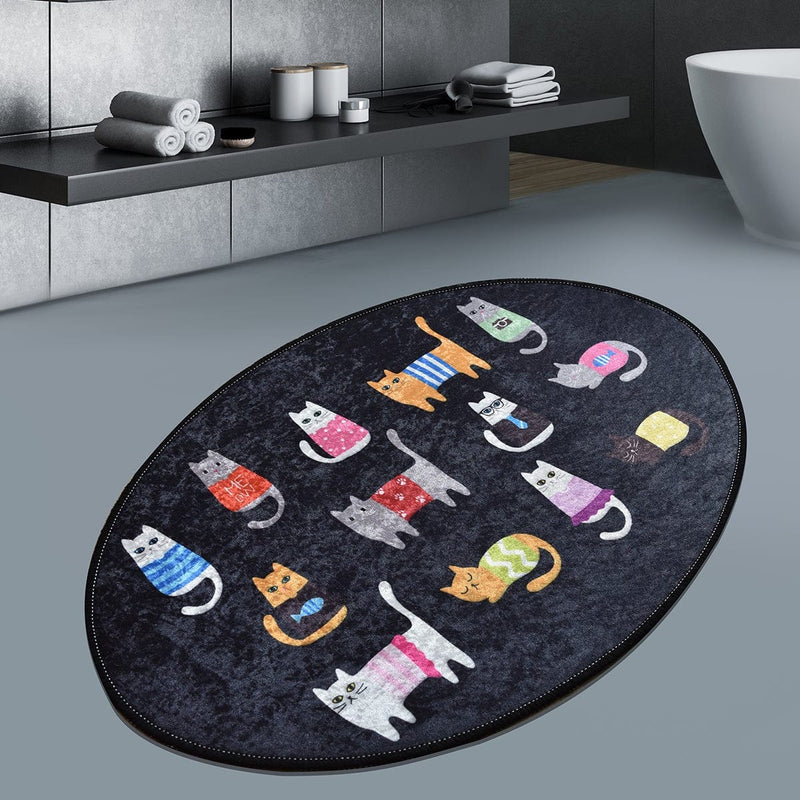 Kediler Black Cats Oval 60x90cm Dijital Baskılı Halı, Kaymaz Taban, Yıkanabilir Bonvagon