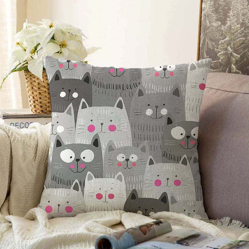 Kediler Gri Dijital Baskılı Raşel Kadife Yastık Kırlent Kılıfı Bonvagon