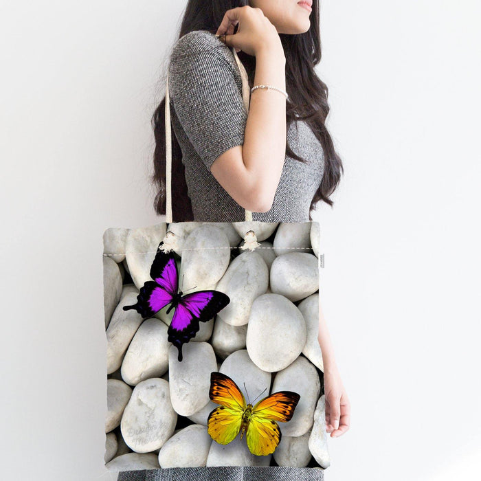 Kelebek Desenli Dijital Baskılı Fermuarlı Modern Kumaş Çanta Bonvagon