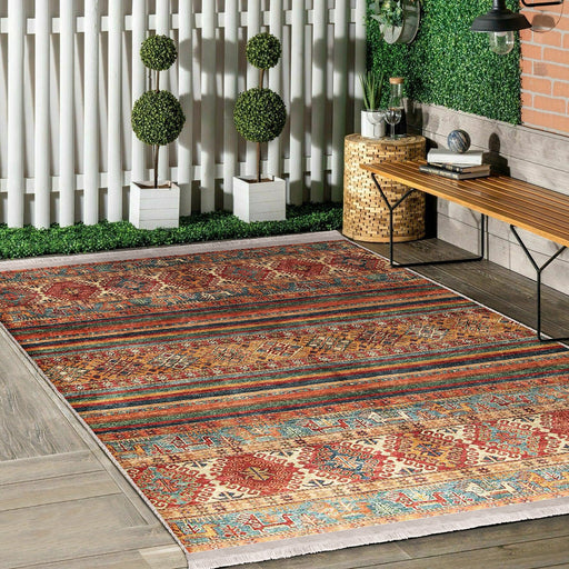 Kiremit Kilim Motifli Baklava Desenli Etnik Avangarde Dijital Baskılı Makinede Yıkanabilir Saçaklı Halı