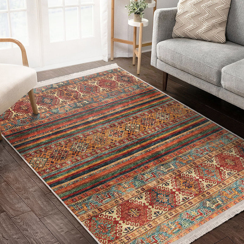 Kiremit Kilim Motifli Baklava Desenli Etnik Avangarde Dijital Baskılı Makinede Yıkanabilir Saçaklı Halı