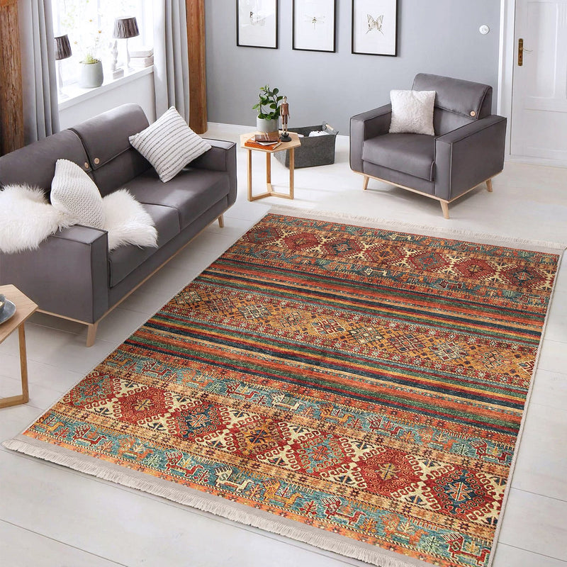 Kiremit Kilim Motifli Baklava Desenli Etnik Avangarde Dijital Baskılı Makinede Yıkanabilir Saçaklı Halı
