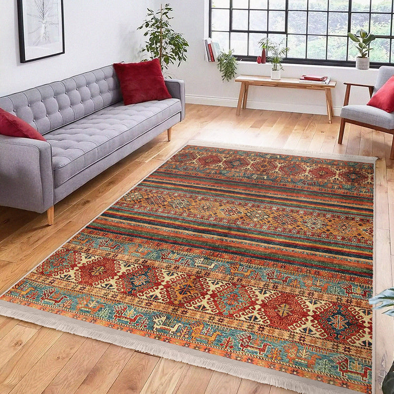 Kiremit Kilim Motifli Baklava Desenli Etnik Avangarde Dijital Baskılı Makinede Yıkanabilir Saçaklı Halı