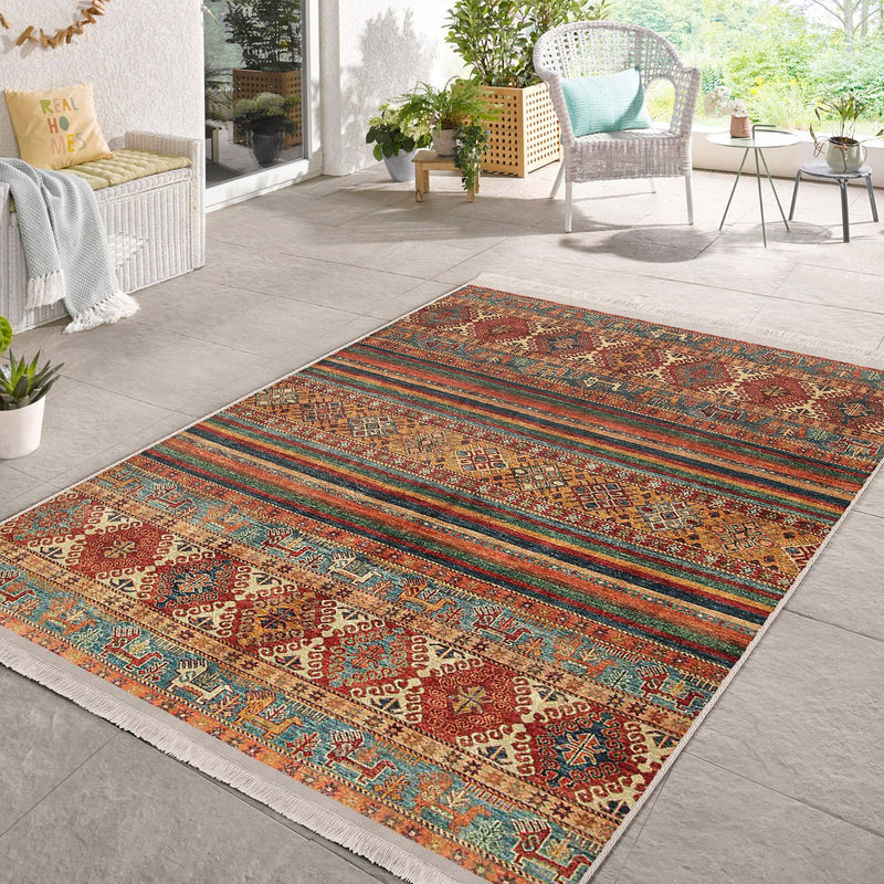Kiremit Kilim Motifli Baklava Desenli Etnik Avangarde Dijital Baskılı Makinede Yıkanabilir Saçaklı Halı