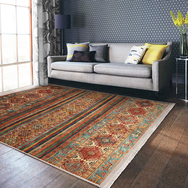 Kiremit Kilim Motifli Baklava Desenli Etnik Motifler Avangarde Salon Oturma Odası Dijital Baskılı Makinede Yıkanabilir Saçaklı Halı Bonvagon