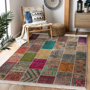 Kırkyama Etnik Motifli Patchwork Desenli Vintage Etnik Motifler Salon Oturma Yatak Odası Dijital Baskılı Makinede Yıkanabilir Saçaklı Halı Bonvagon