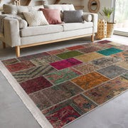 Kırkyama Etnik Motifli Patchwork Desenli Vintage Etnik Motifler Salon Oturma Yatak Odası Dijital Baskılı Makinede Yıkanabilir Saçaklı Halı Bonvagon
