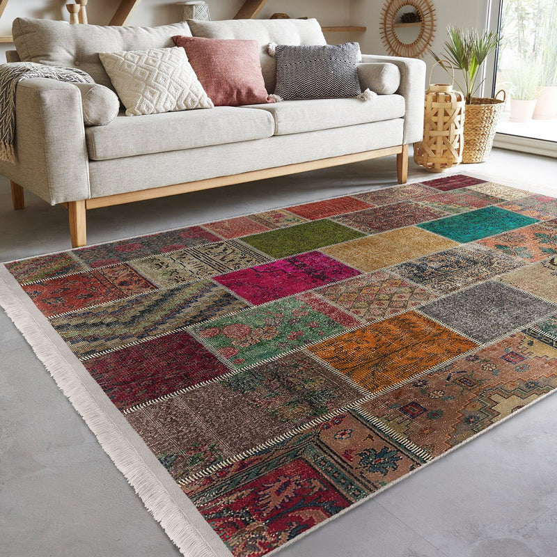 Kırkyama Etnik Motifli Patchwork Desenli Vintage Etnik Motifler Salon Oturma Yatak Odası Dijital Baskılı Makinede Yıkanabilir Saçaklı Halı Bonvagon