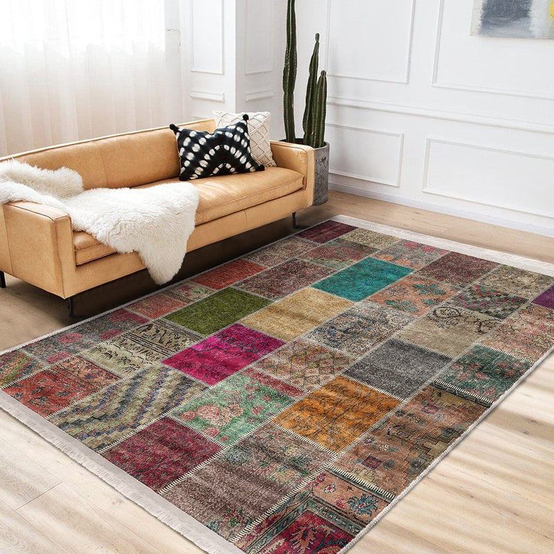 Kırkyama Etnik Motifli Patchwork Desenli Vintage Etnik Motifler Salon Oturma Yatak Odası Dijital Baskılı Makinede Yıkanabilir Saçaklı Halı Bonvagon