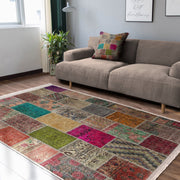 Kırkyama Etnik Motifli Patchwork Desenli Vintage Etnik Motifler Salon Oturma Yatak Odası Dijital Baskılı Makinede Yıkanabilir Saçaklı Halı Bonvagon