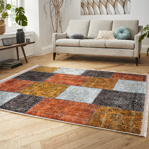 Kırkyama Patchwork Motifli Etnik Desenli Klasik Vintage Dijital Baskılı Makinede Yıkanabilir Saçaklı Halı