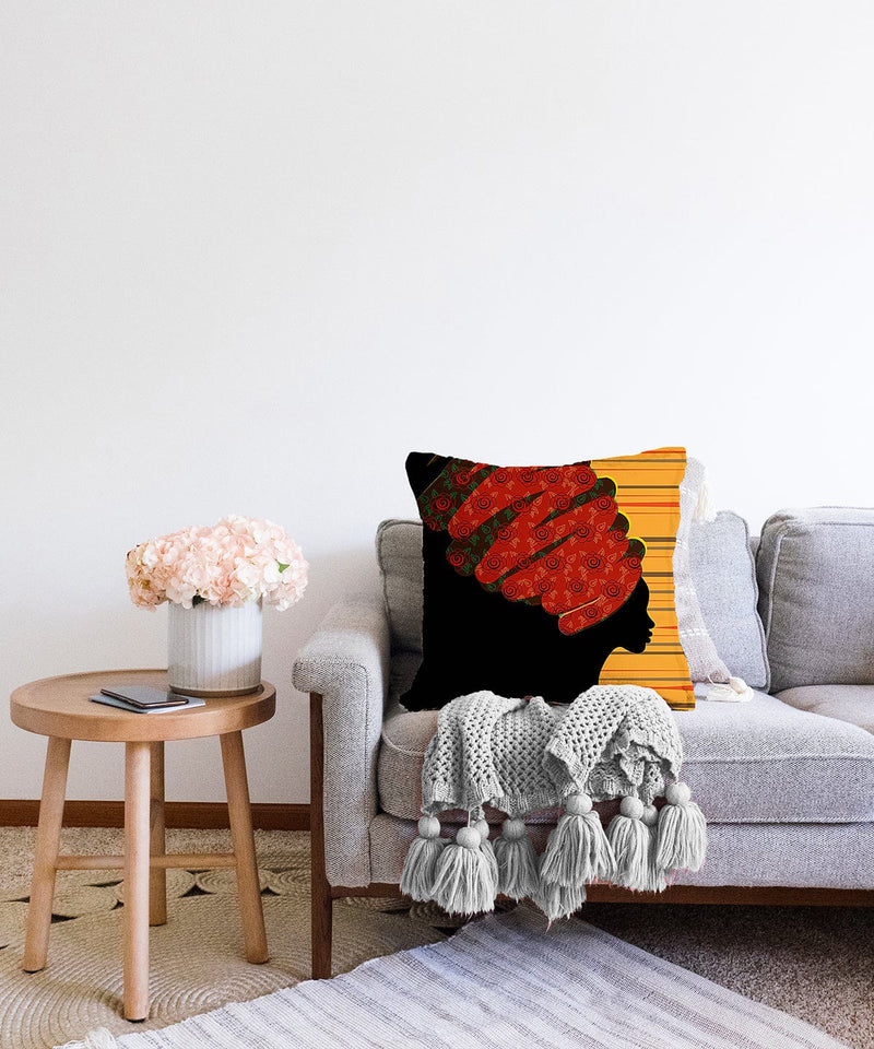 Kırmızı Başlıklı Etnik Kadın Motifli Dekoratif Raşel Kadife Kırlent Kılıfı Bonvagon