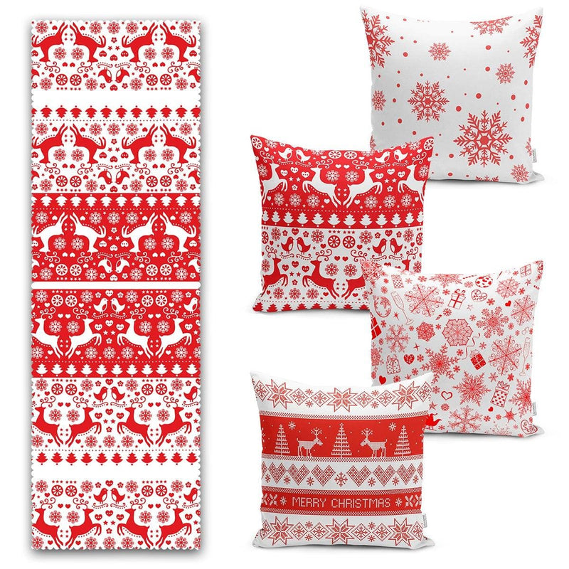 Kırmızı Beyaz Geyik Desenli Yılbaşı Motifli 4 Kırlent Kılıfı ve 1 Runner Seti Bonvagon