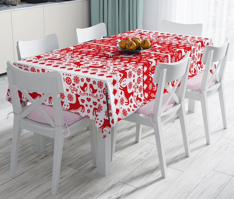 Kırmızı Beyaz Yılbaşı Geyikleri Dijital Baskılı Leke Tutmaz Masa Örtüsü Bonvagon