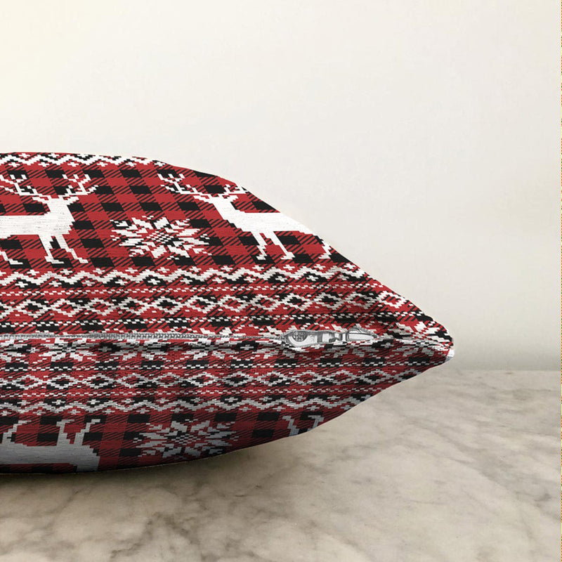 Kırmızı Ekose Desenli Geyik Motifli Dijital Baskılı Modern Şönil Yastık Kırlent Kılıfı Bonvagon