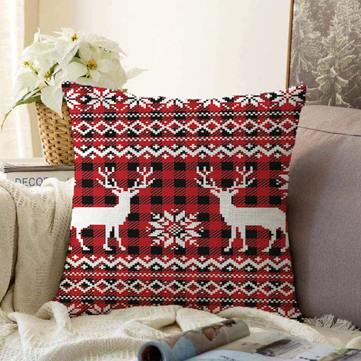 Kırmızı Ekose Desenli Geyik Motifli Dijital Baskılı Modern Şönil Yastık Kırlent Kılıfı Bonvagon