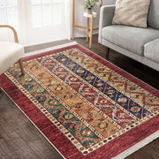 Kırmızı Etnik Motifli Uşak Desenli Avangarde Etnik Motifler Salon Oturma Yatak Odası Dijital Baskılı Makinede Yıkanabilir Saçaklı Halı Bonvagon