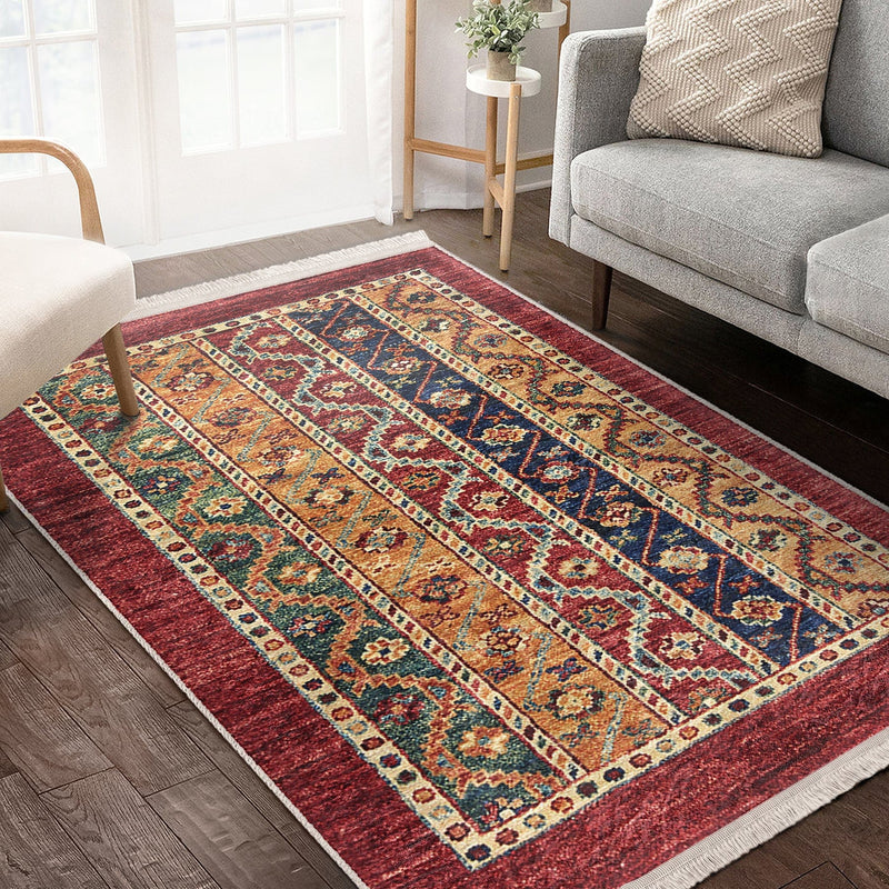 Kırmızı Etnik Motifli Uşak Desenli Avangarde Etnik Motifler Salon Oturma Yatak Odası Dijital Baskılı Makinede Yıkanabilir Saçaklı Halı Bonvagon