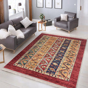 Kırmızı Etnik Motifli Uşak Desenli Avangarde Etnik Motifler Salon Oturma Yatak Odası Dijital Baskılı Makinede Yıkanabilir Saçaklı Halı Bonvagon