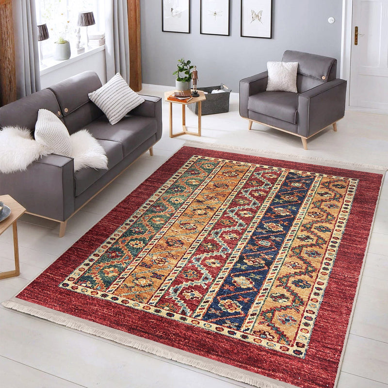 Kırmızı Etnik Motifli Uşak Desenli Avangarde Etnik Motifler Salon Oturma Yatak Odası Dijital Baskılı Makinede Yıkanabilir Saçaklı Halı Bonvagon