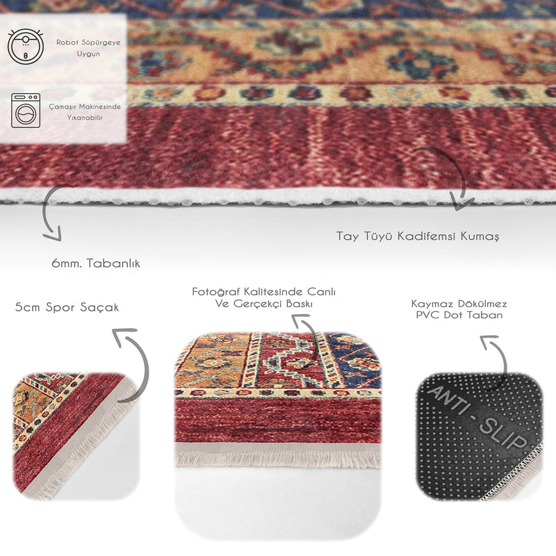 Kırmızı Etnik Motifli Uşak Desenli Avangarde Etnik Motifler Salon Oturma Yatak Odası Dijital Baskılı Makinede Yıkanabilir Saçaklı Halı Bonvagon