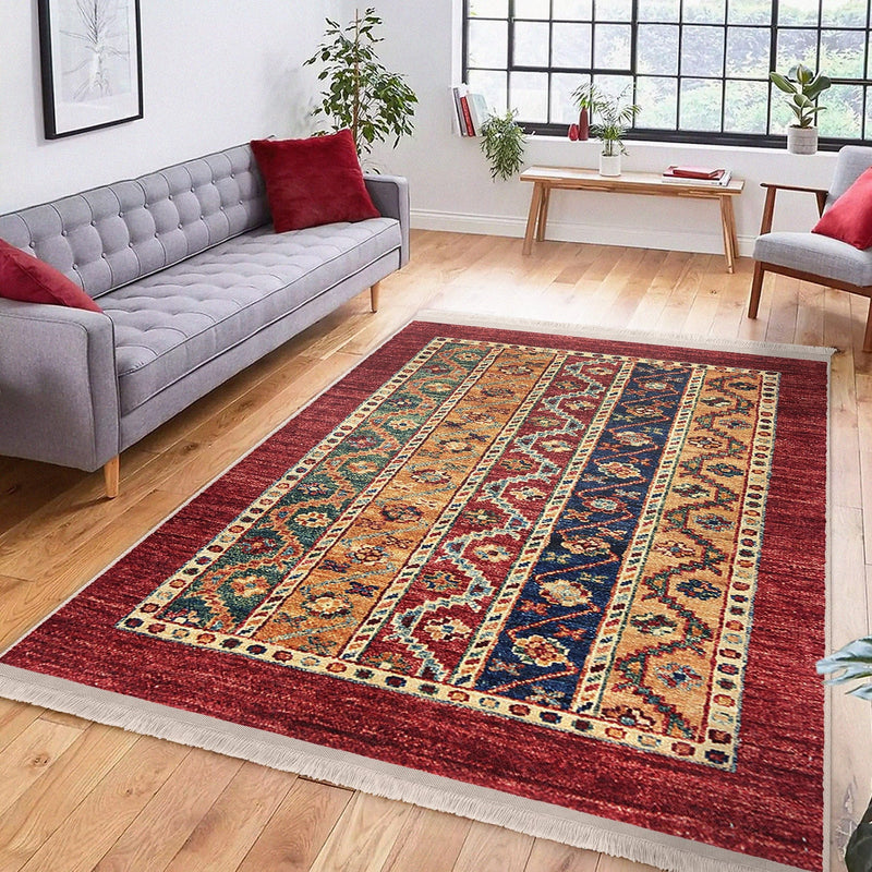 Kırmızı Etnik Motifli Uşak Desenli Avangarde Etnik Motifler Salon Oturma Yatak Odası Dijital Baskılı Makinede Yıkanabilir Saçaklı Halı Bonvagon