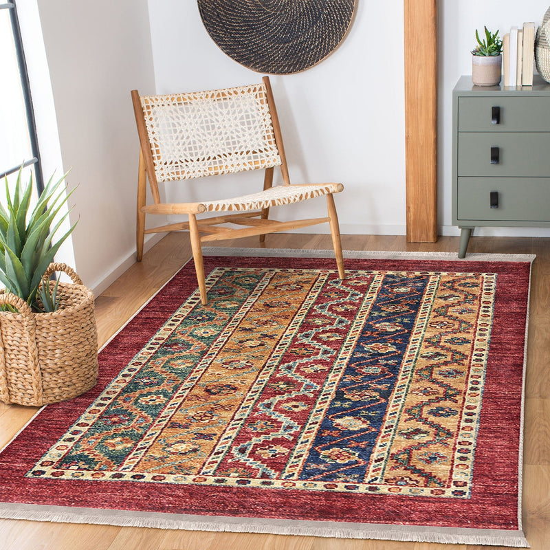 Kırmızı Etnik Motifli Uşak Desenli Avangarde Etnik Motifler Salon Oturma Yatak Odası Dijital Baskılı Makinede Yıkanabilir Saçaklı Halı Bonvagon