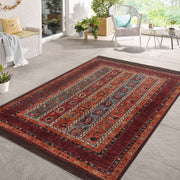 Kırmızı Geleneksel Motifli Etnik Desenli Etnik Motifler Vintage Çocuk Genç Odası Koridor Antre Dijital Baskılı Makinede Yıkanabilir Saçaklı Halı Bonvagon