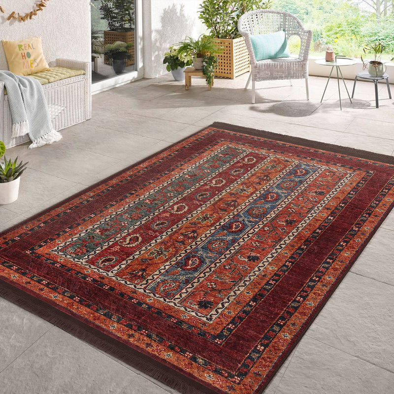 Kırmızı Geleneksel Motifli Etnik Desenli Etnik Motifler Vintage Çocuk Genç Odası Koridor Antre Dijital Baskılı Makinede Yıkanabilir Saçaklı Halı Bonvagon